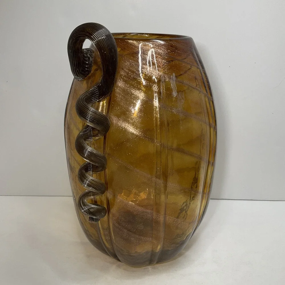 Vintage Tall Pier One Amber & gold swirl glass pumpkin vase with long curly stem